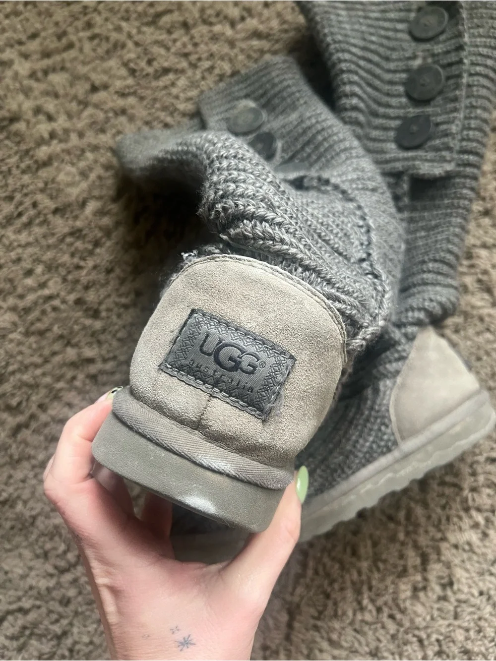 UGG Grey Knit Button-Accent Slouchy Winter Boots